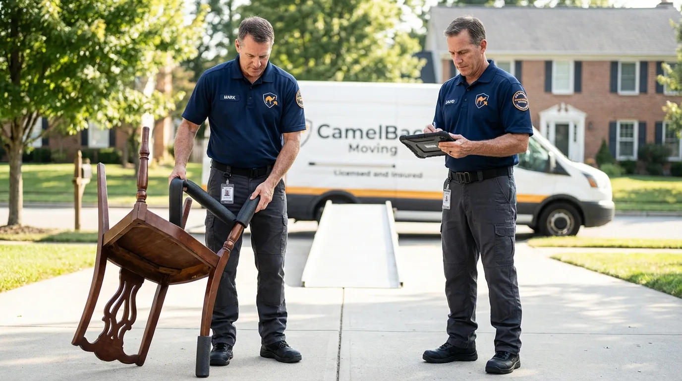 Movers inspecting furniture for damage prevention before loading in Scottsdale, AZ