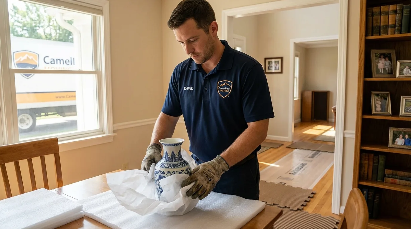 Professional crew carefully wrapping antique vase for senior downsizing move in Scottsdale, AZ